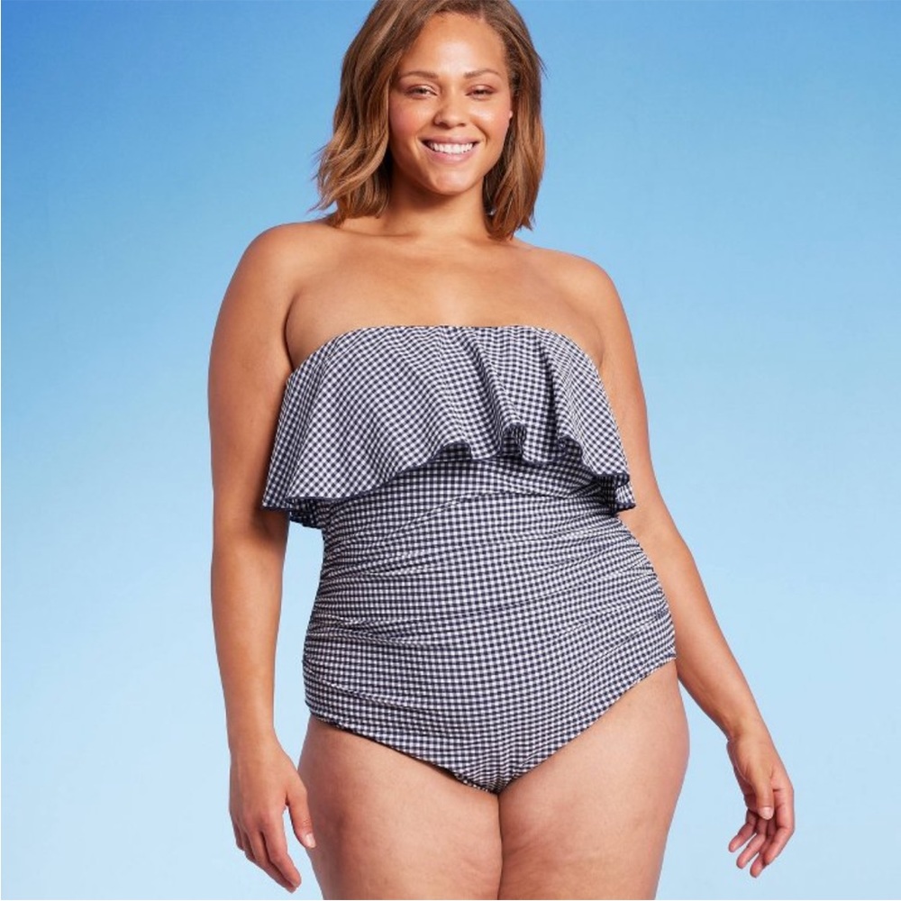NEW Kona Sol Blue & White Check Bandeau Flounce Front Ruched Swimsuit Size XL